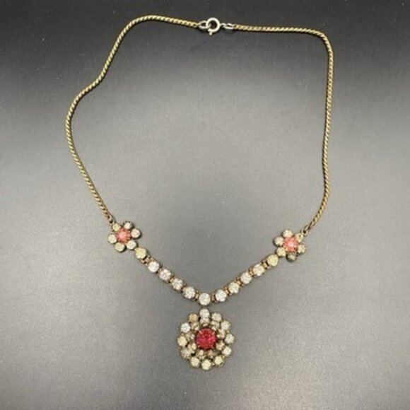 Unbranded Jewelry - Vtg 1940s Rhinestone Necklace Dark Pink Clear Floral Brass UV Glow Stones 16.5"